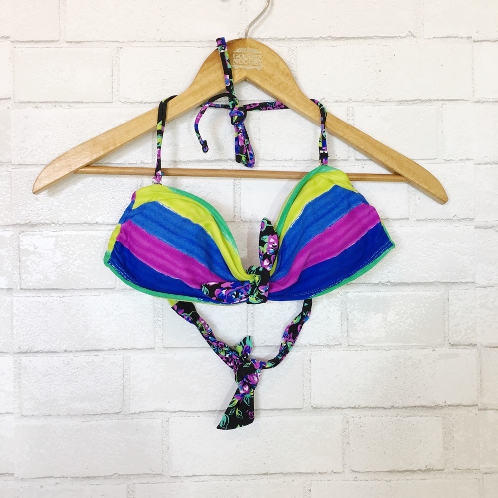 New Delia’s Stripe / Floral Patterned Bandeau Bikini Bathing Suit Top Y2K - Picture 2 of 5